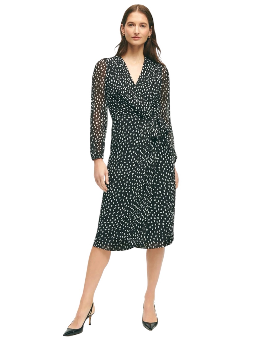Nwt Brooks Brothers Chiffon Wrap Dress Polka Dot Print V-Neck Sheer Sleeves